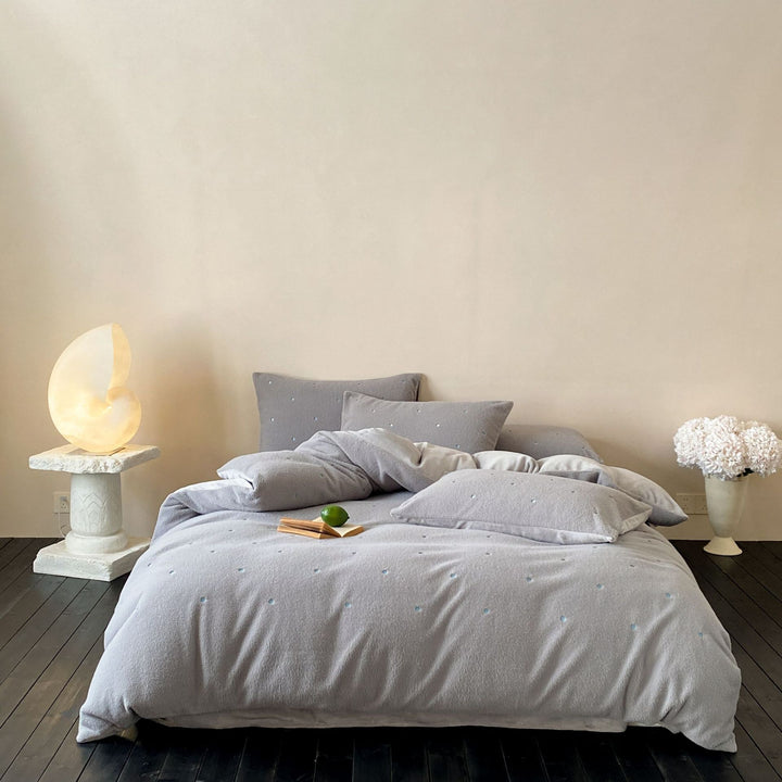 Reversible Textured Cotton Duvet Cover Set with Minimal Dot Embroidery