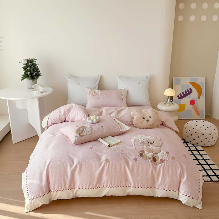 Kids' Teddy Appliqué Cotton Sateen Duvet Cover Set with Decorative Pillowcases