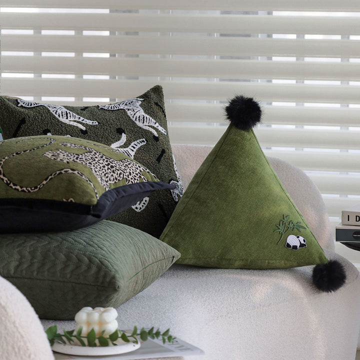 Triangular Decorative Back Cushion with Panda Embroidery and Fluffy Pom Poms Stornfield