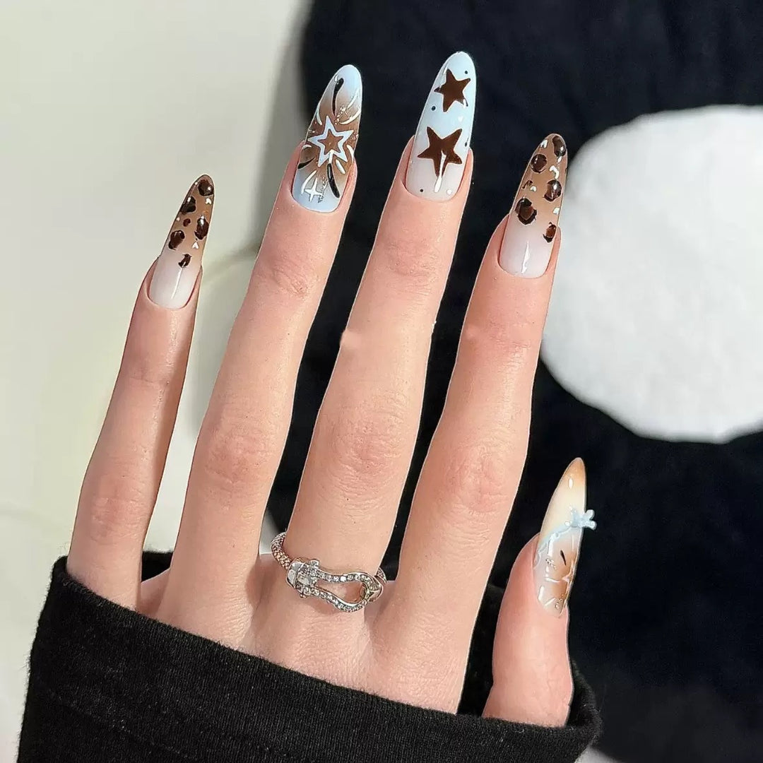 Artistic Stiletto Press-On Nail Art Set with Star and Leopard Accents Stornfield