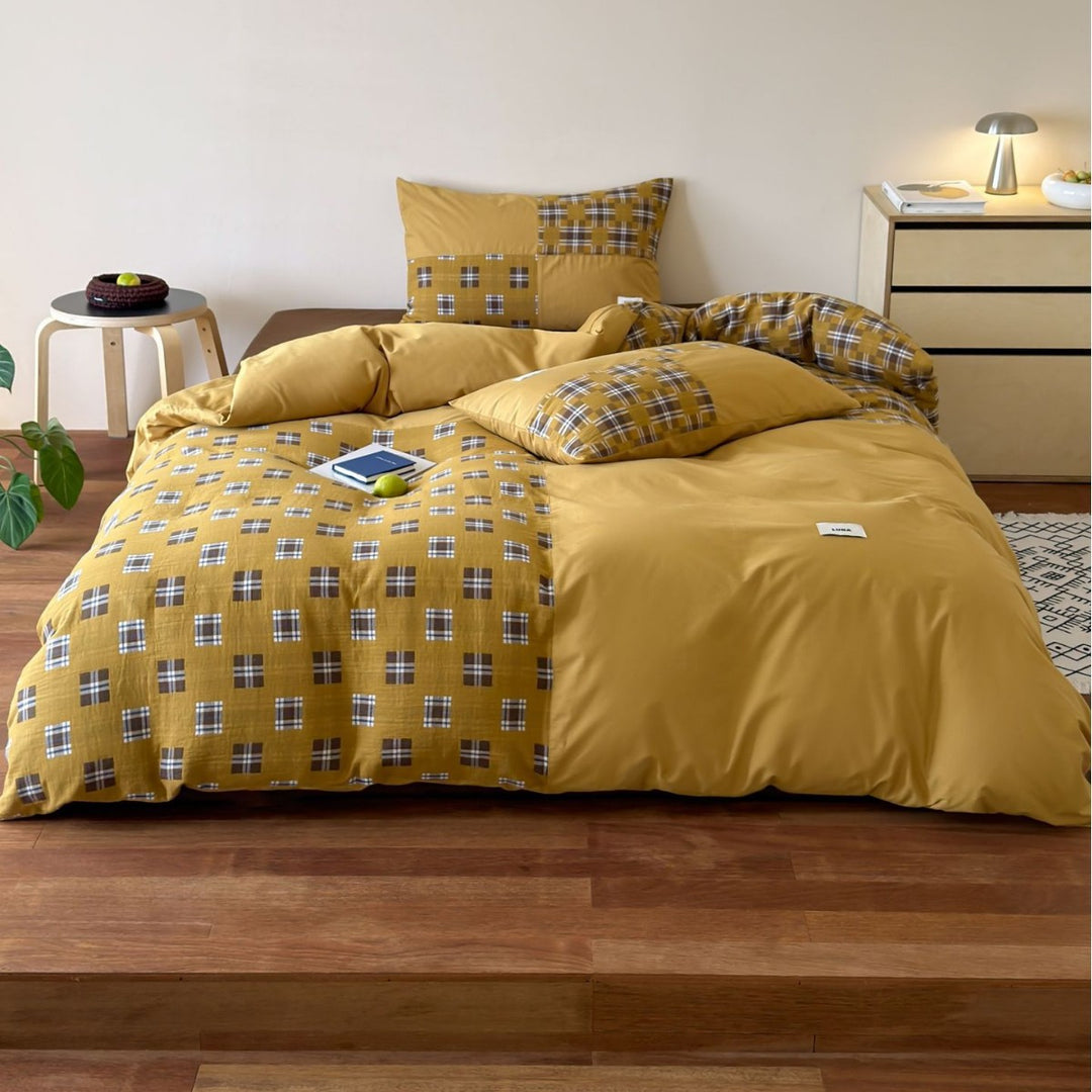 Reversible Plaid Patchwork Duvet Cover Set with Soft Brushed Microfiber