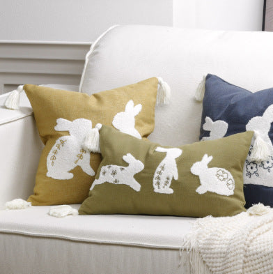 Embroidered Bunny Appliqué Tassel Lumbar Pillow Cover