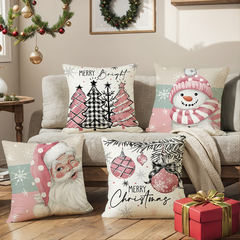 Square Cotton-Linen Snowman Accent Pillow Cover with Pink Striped Beanie and Scarf Print