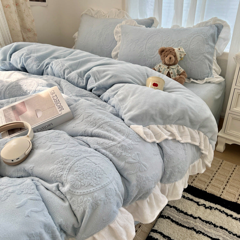 Plush Embossed Velvet-Feel Ruffled Duvet Cover Set with Frilled Pillow Shams