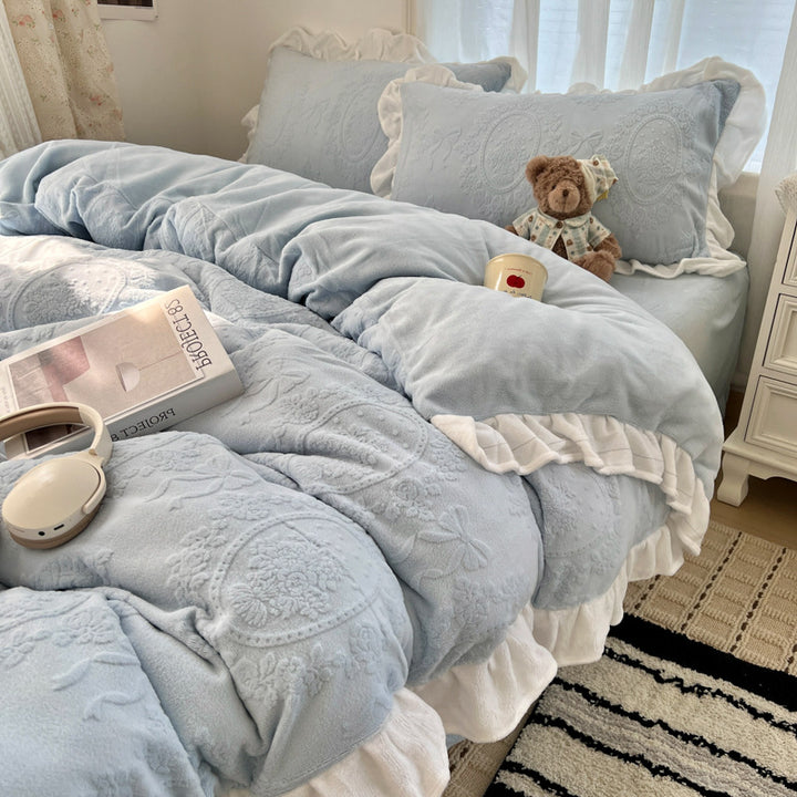 Plush Embossed Velvet-Feel Ruffled Duvet Cover Set with Frilled Pillow Shams