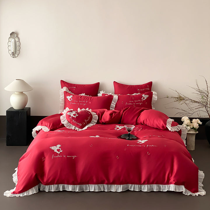 Ruffled Heart-Embroidered Cotton-Sateen Duvet Cover Set with Decorative Heart Cushion