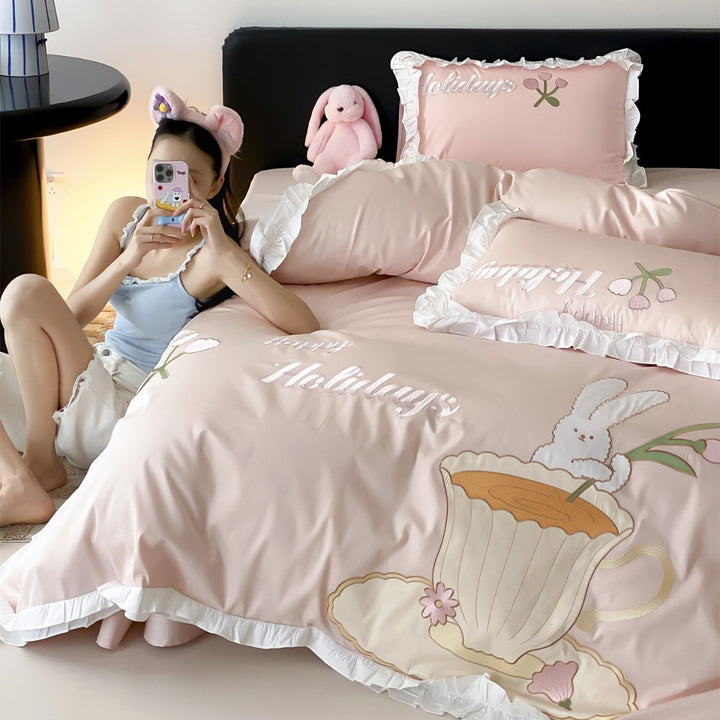 Ruffled Satin-Feel Duvet Cover Set with Embroidered Bunny and Teacup Motif