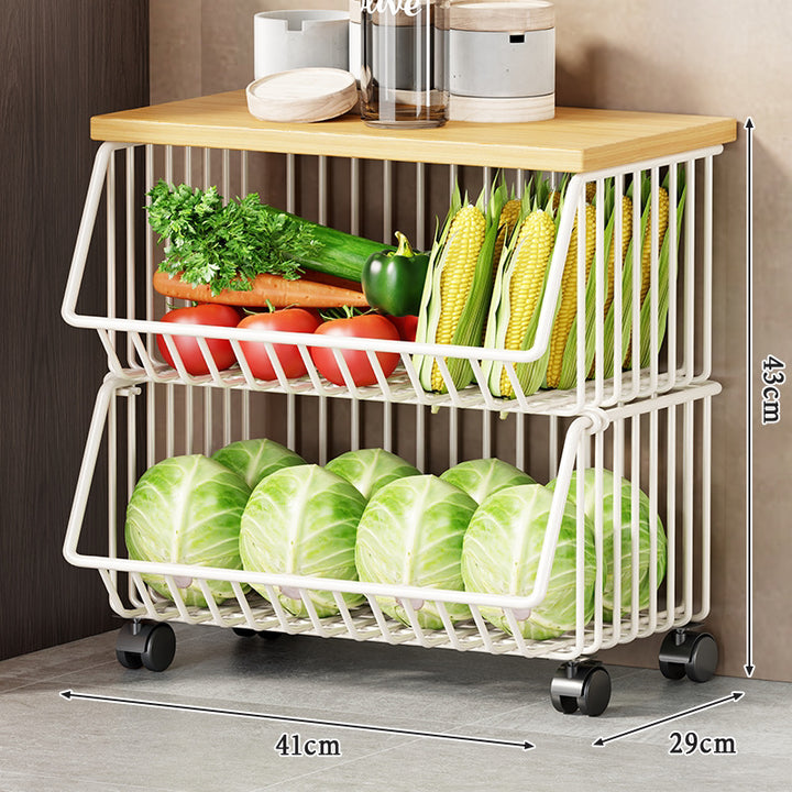 Slim Vertical Multi-Tier Fruit and Vegetable Storage Cart with Wood Top and Locking Casters