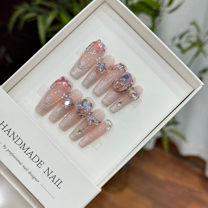 Decorative Handmade Press-On Nail Art Set with Gemstone Accents