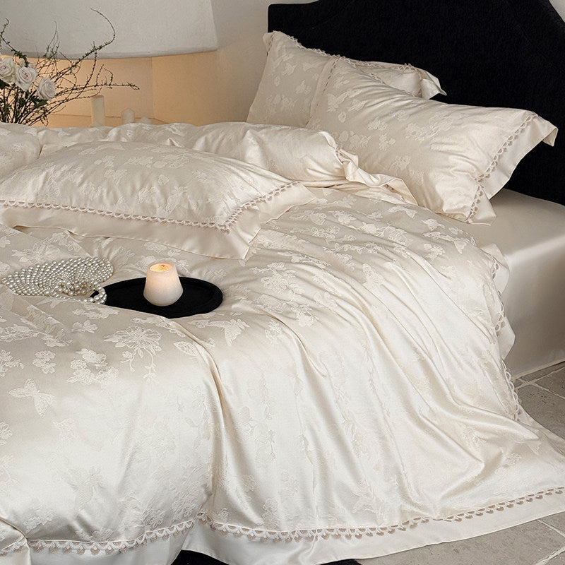 Jacquard Floral Satin-Effect Duvet Cover Set with Scalloped Lace Trim