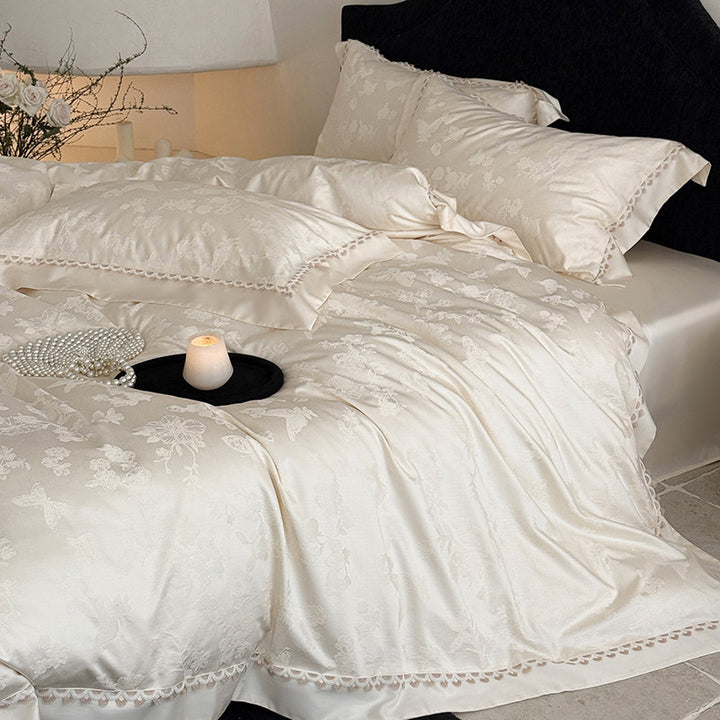 Jacquard Floral Satin-Effect Duvet Cover Set with Scalloped Lace Trim