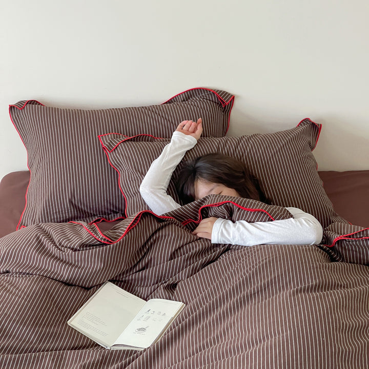Pinstripe Cotton Sateen Duvet Cover Set with Contrasting Piped Edge