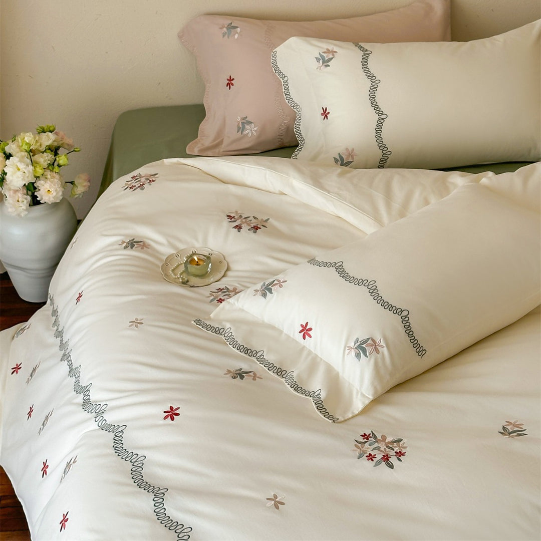Embroidered Floral Cotton Sateen Duvet Cover Set with Scalloped Wave Stitching and Pillow Shams