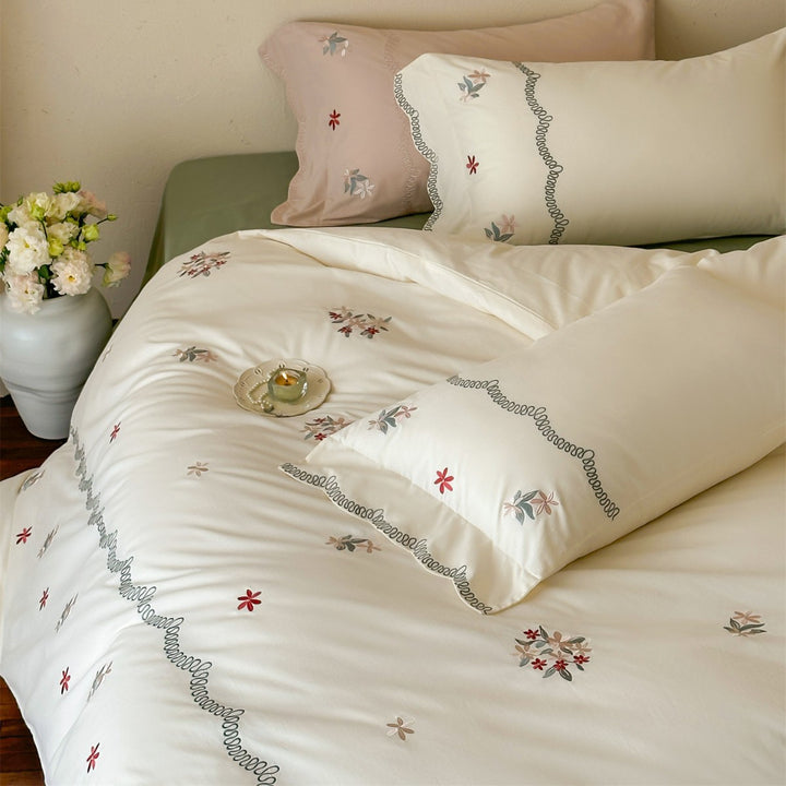 Embroidered Floral Cotton Sateen Duvet Cover Set with Scalloped Wave Stitching and Pillow Shams