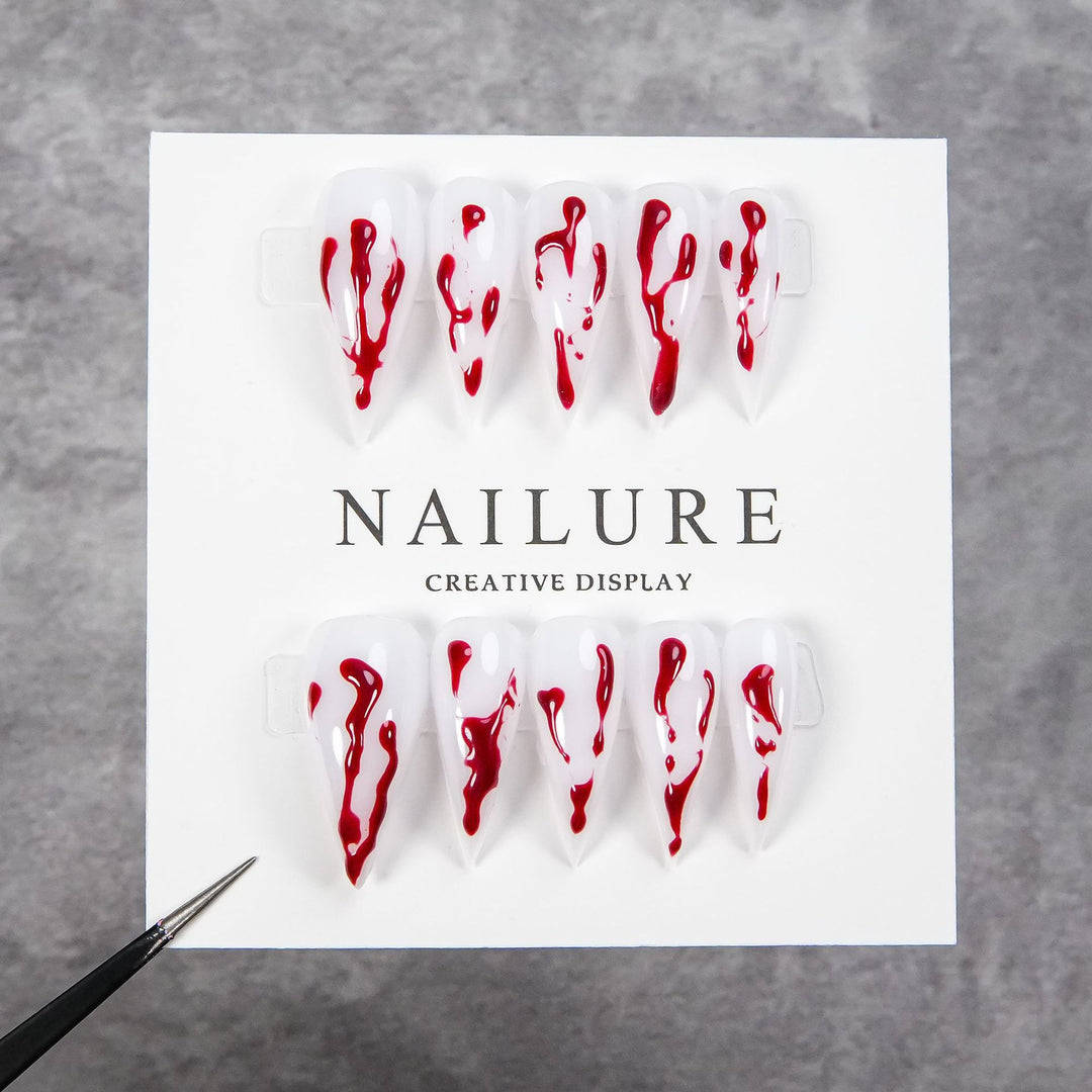 Artistic Press-On Nail Art Set with Dripped Red Design