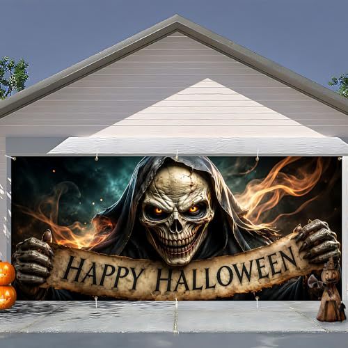 Large-format Halloween photo background made of weatherproof polyester with grommeted fastening edge and bright Haunted House motif
