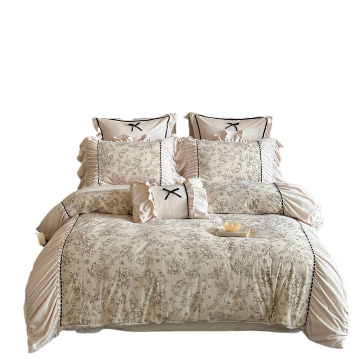 Romantic cotton satin bed linen set with ruffles, floral toile look and decorative pillow