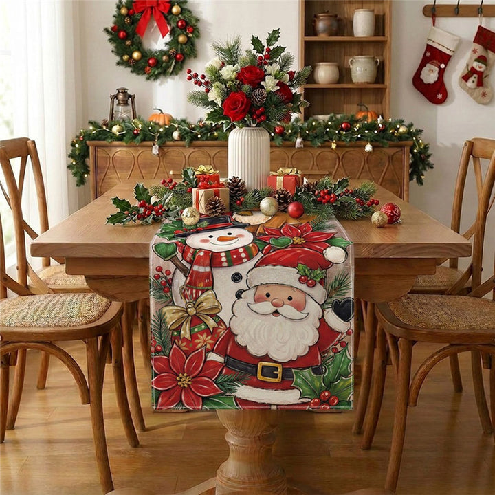 Festive Christmas Table Runner with Santa, Snowman & Reindeer Illustration