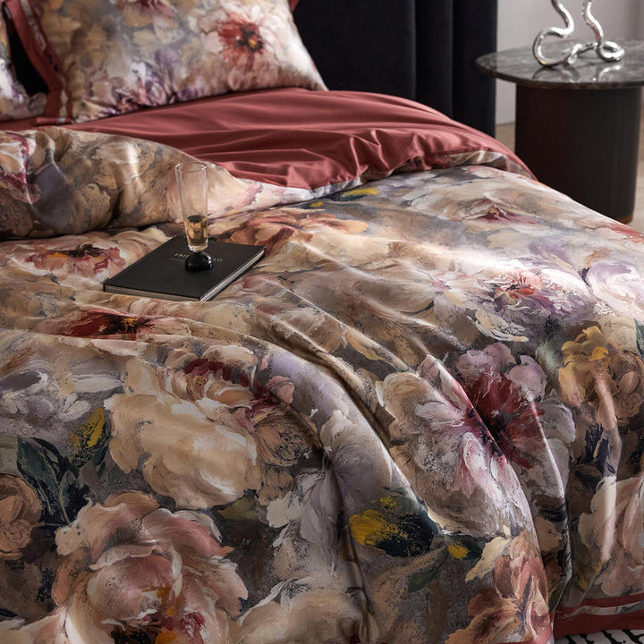 Painterly Floral Satin-Blend Reversible Duvet Cover Set with Luxury Pillow Shams