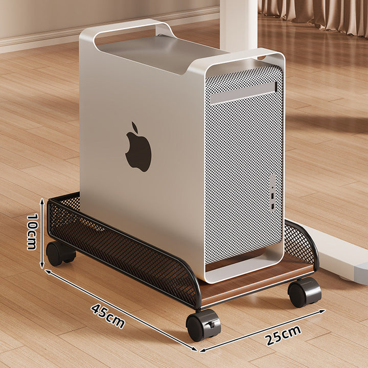 Mobile Desktop CPU Tower Stand with Mesh Side Guards Wooden Base and Locking Casters