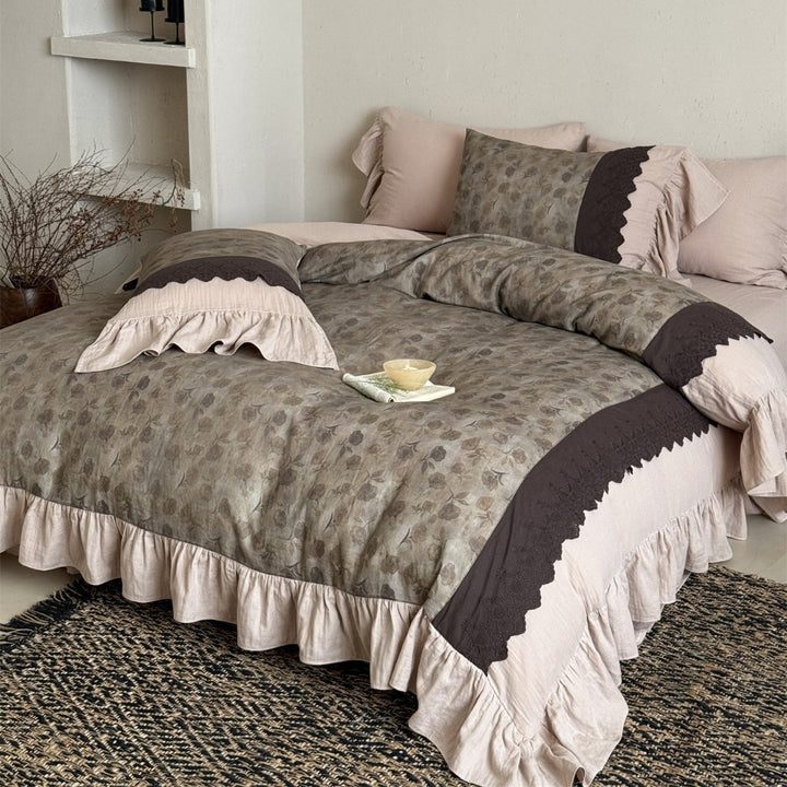 Ruffled Floral Cotton-Linen Blend Duvet Cover Set with Scalloped Embroidered Trim