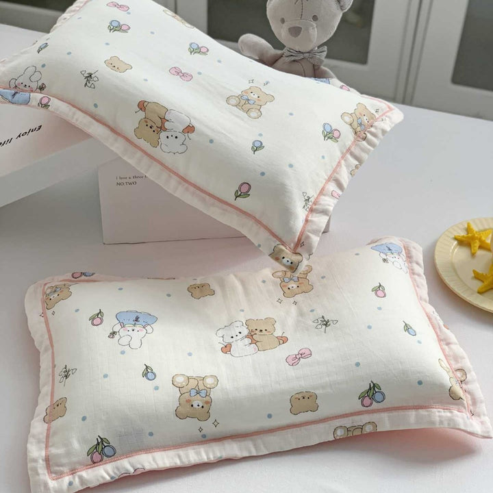 Baby Muslin Pillow Set with Bear Print & Soft Gauze Ruffled Edge