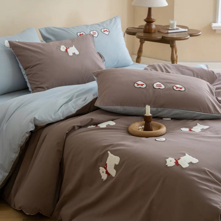 Embroidered Cotton Sateen Duvet Cover Set with Appliqué Dog Motifs and Reversible Pillowcases