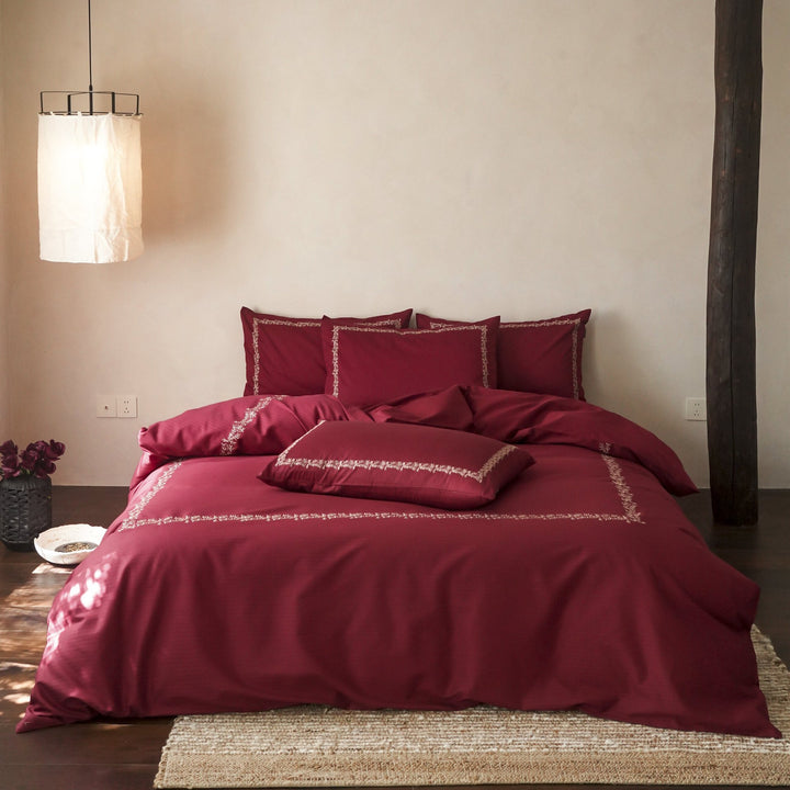 Reversible Cotton Sateen Duvet Cover Set with Contrast Hem and Embroidered Border Pillow Shams