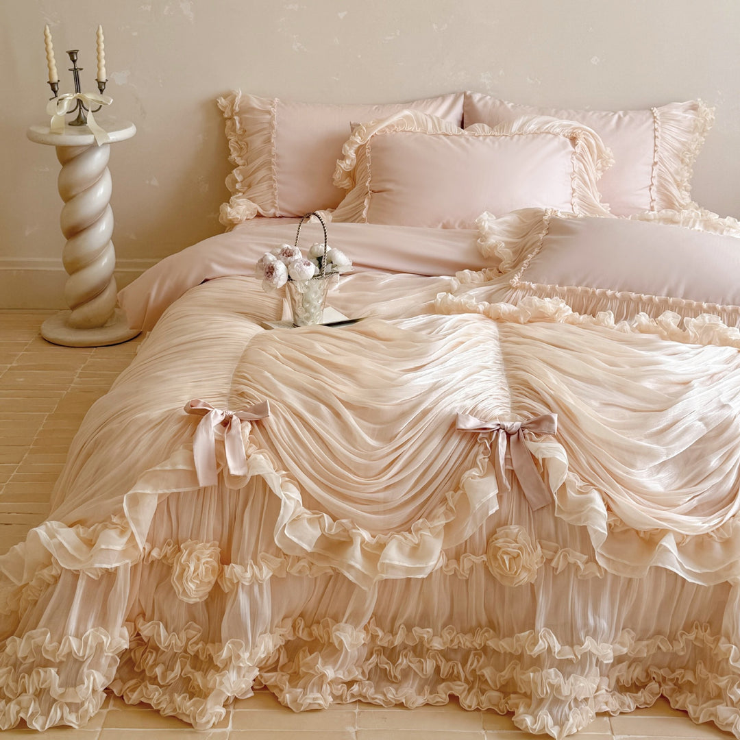 Romantic bedding set with gathered chiffon ruffle and decorative pillow