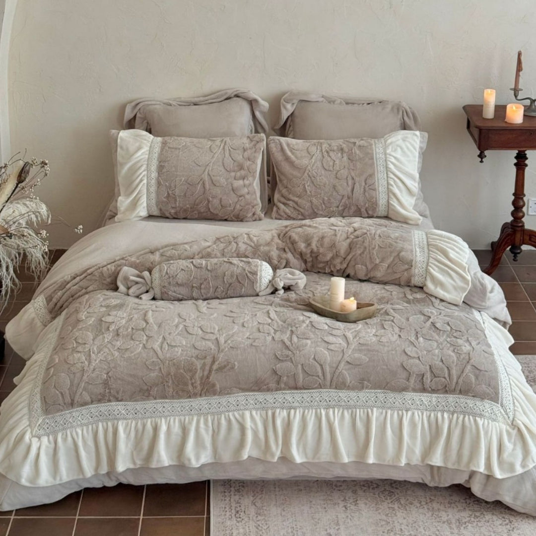 Embossed Floral Quilted Duvet Cover Set with Ruffled Skirt Lace-Trim & Bolster Pillow