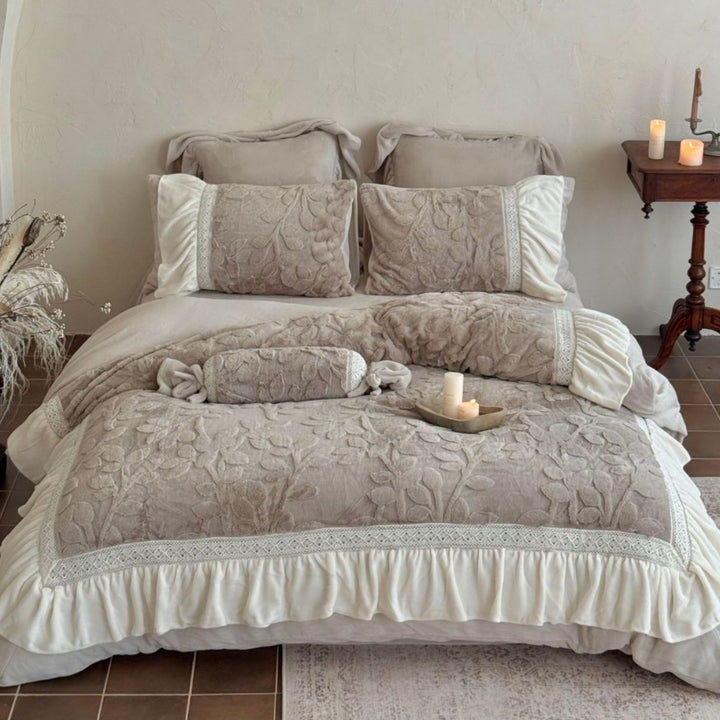 Embossed Floral Quilted Duvet Cover Set with Ruffled Skirt Lace-Trim & Bolster Pillow