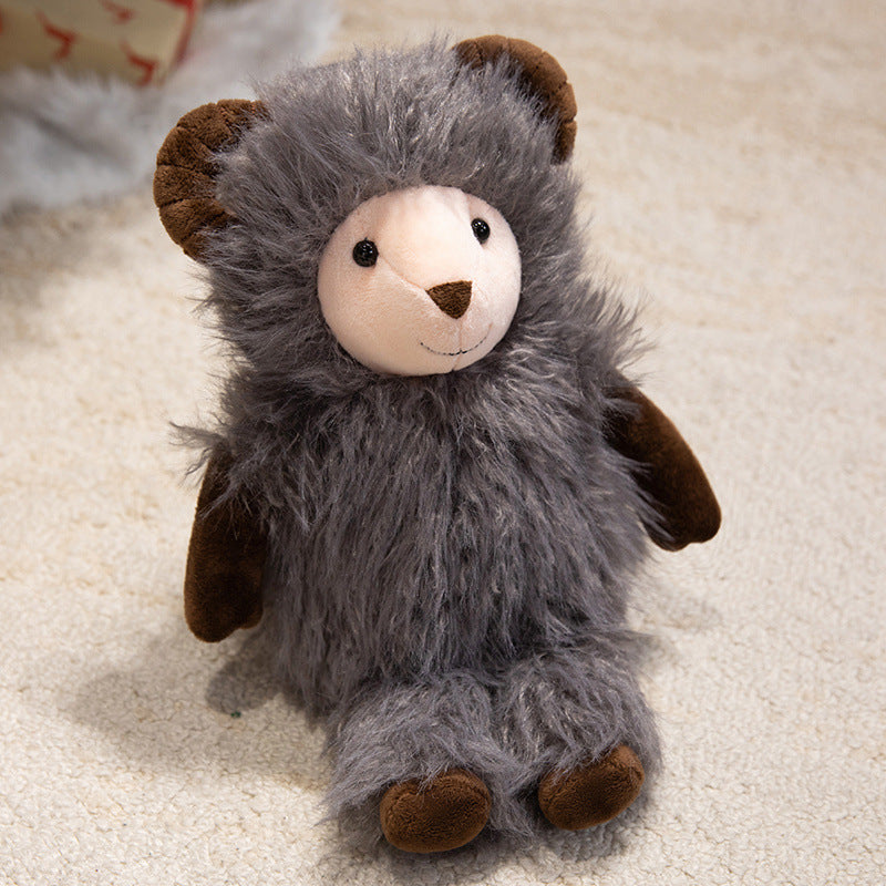 Plush Fluffy Ram-Inspired Teddy with Long Faux-Fur Coat and Embroidered Face Stornfield