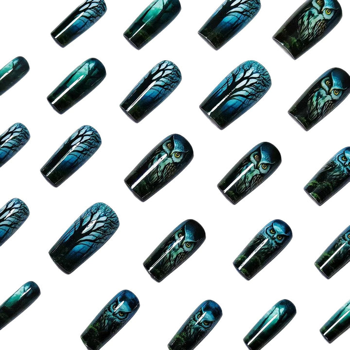 Artificial nails with elegant owl and forest motif Stornfield