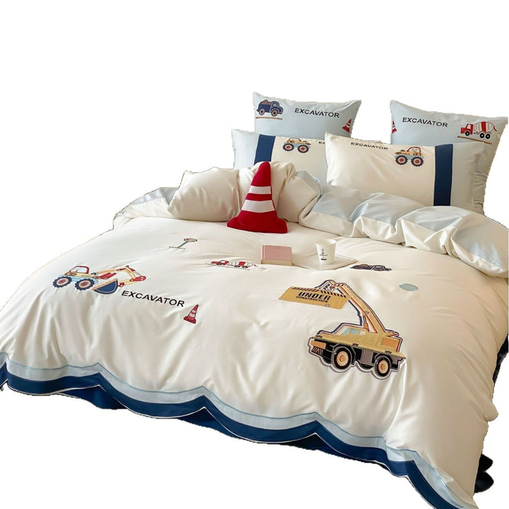 Construction-Themed Cotton Duvet Cover and Pillowcase Set with Truck Appliqué and Scalloped Hem