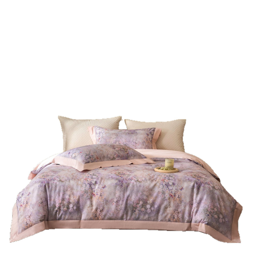 Floral Watercolor Cotton Sateen Duvet Cover Set with Contrast Hem