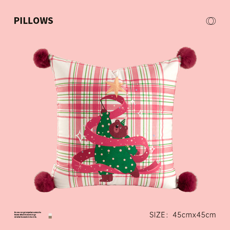 Square Christmas decorative cushion with pom-pom corners and printed dog design