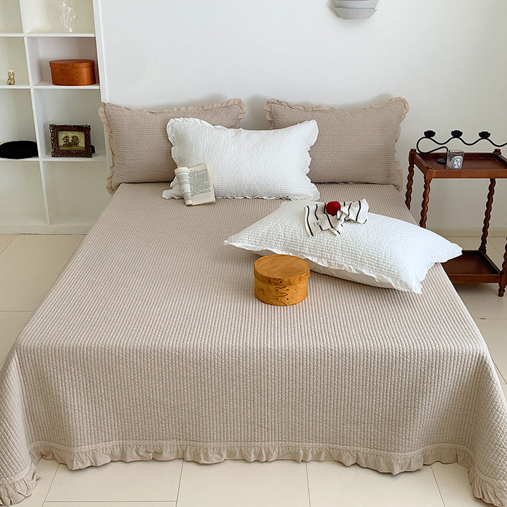Waffle-Texture Ruffled-Hem Bedspread and Quilted Pillow Sham Set