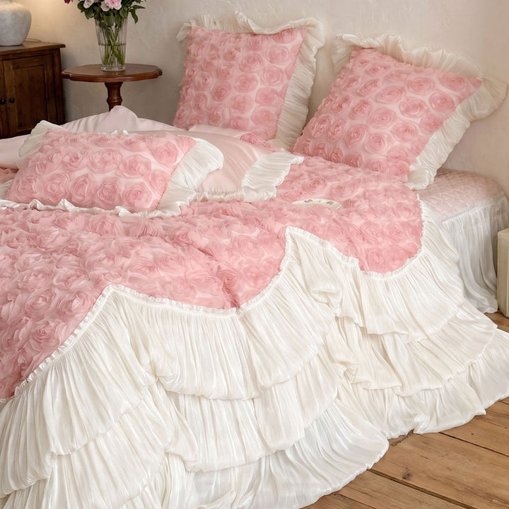 Ruffled Rosette Textured Duvet Cover Set with Pleated Layered Bed Skirt and Frilled Pillow Shams