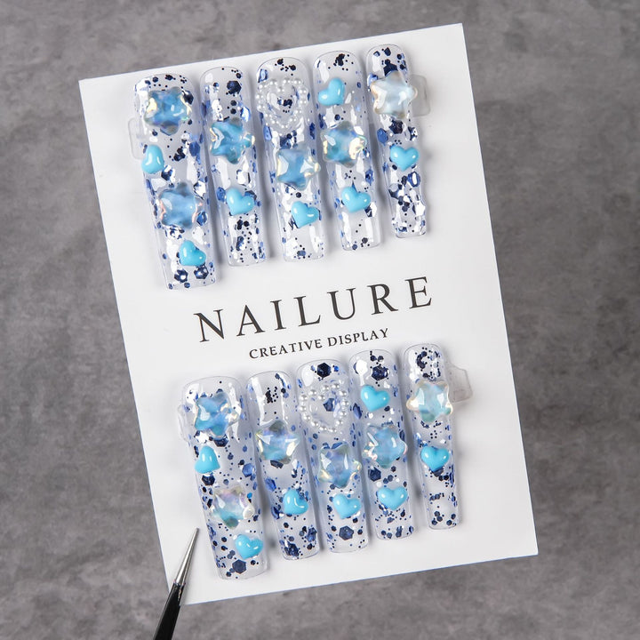 Artistic Press-On Nail Set with Heart Accents