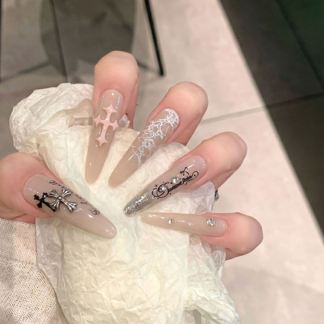 Artistic Stiletto Press-On Nail Set with Unique Design Elements Stornfield