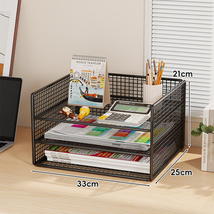 Ventilated Mesh Three-Tier Desktop Document and Magazine Organizer Rack