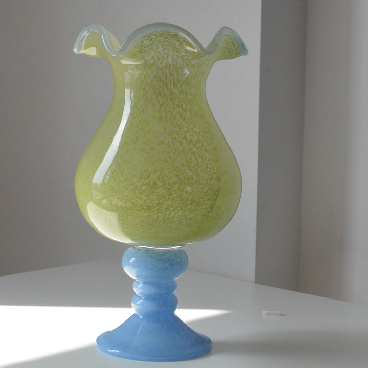 Handblown Ruffled-Rim Bulb-on-Pedestal Art Glass Vase Stornfield