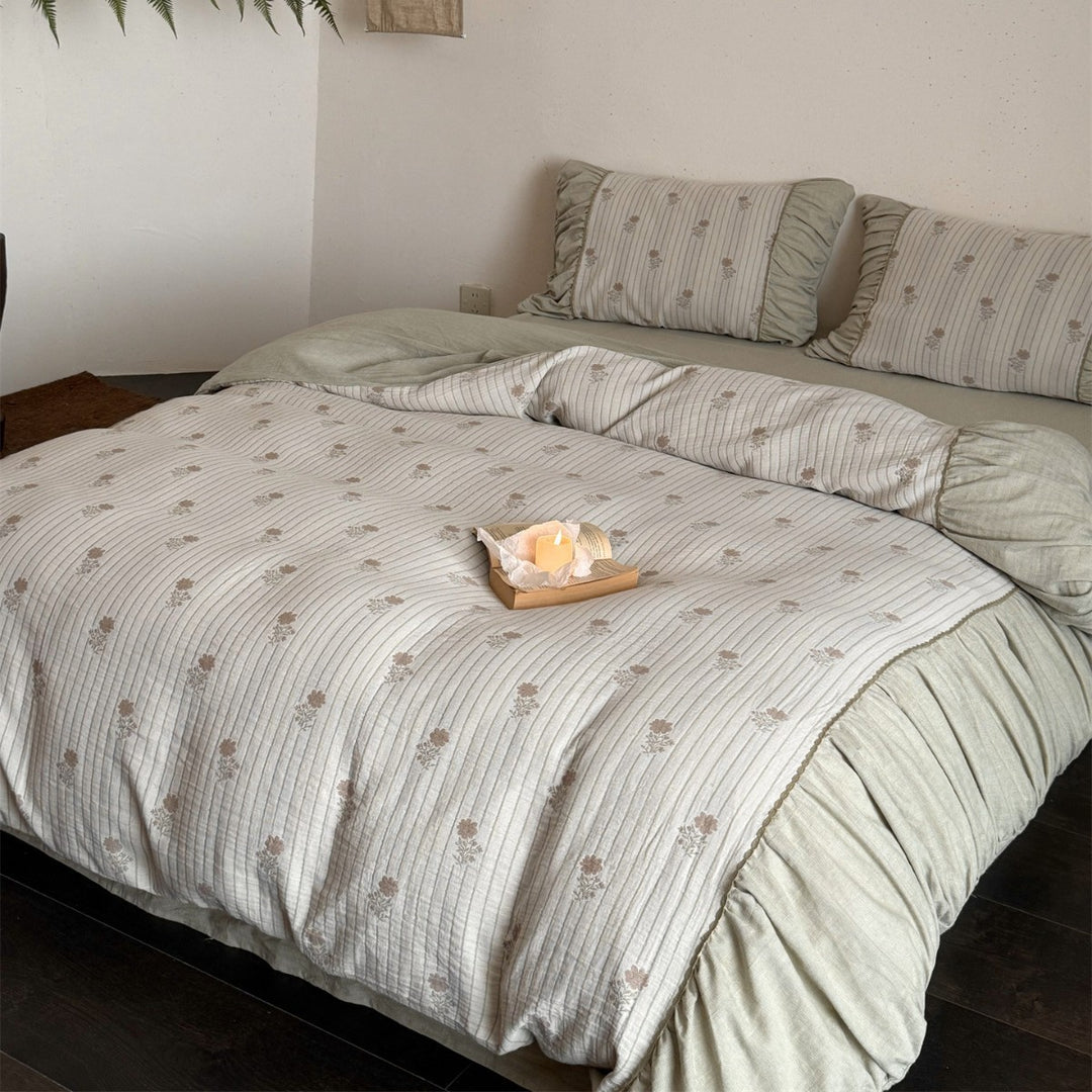 Quilted Floral Embroidered Cotton Duvet Cover Set with Ruffled Skirt and Pillow Shams