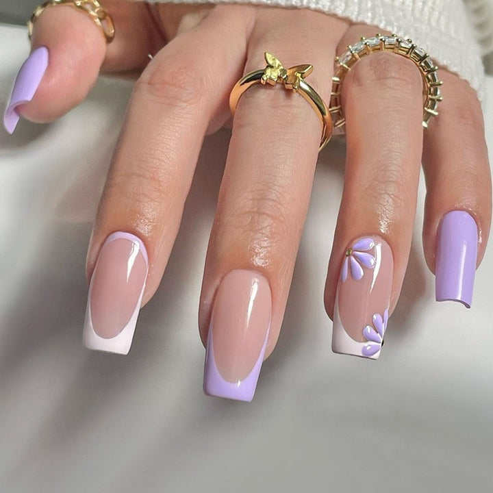 Artificial nail set with colorful flowers and creative French design Stornfield