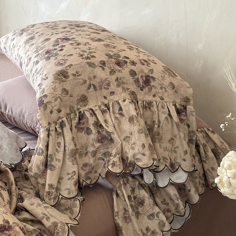 Floral Ruffled Scalloped-Edge Duvet Cover Set with Pillow Shams