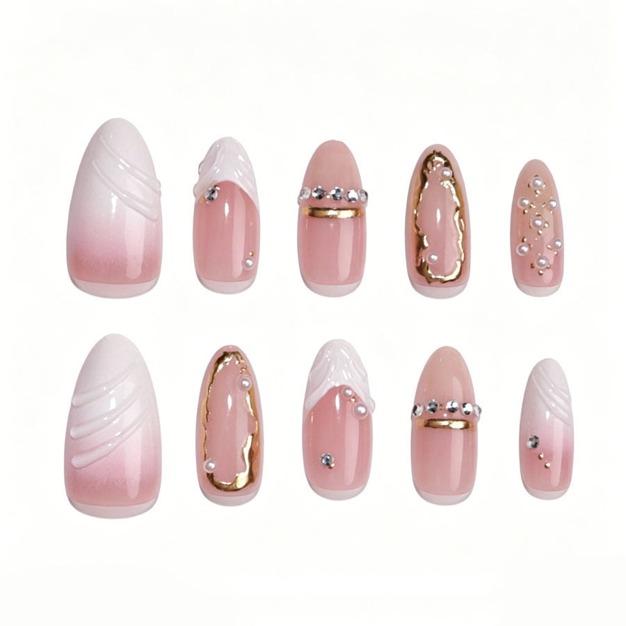 Elegant Pointed Press-On Nail Art Set with Gold Accents Stornfield