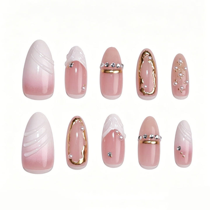 Elegant Pointed Press-On Nail Art Set with Gold Accents Stornfield