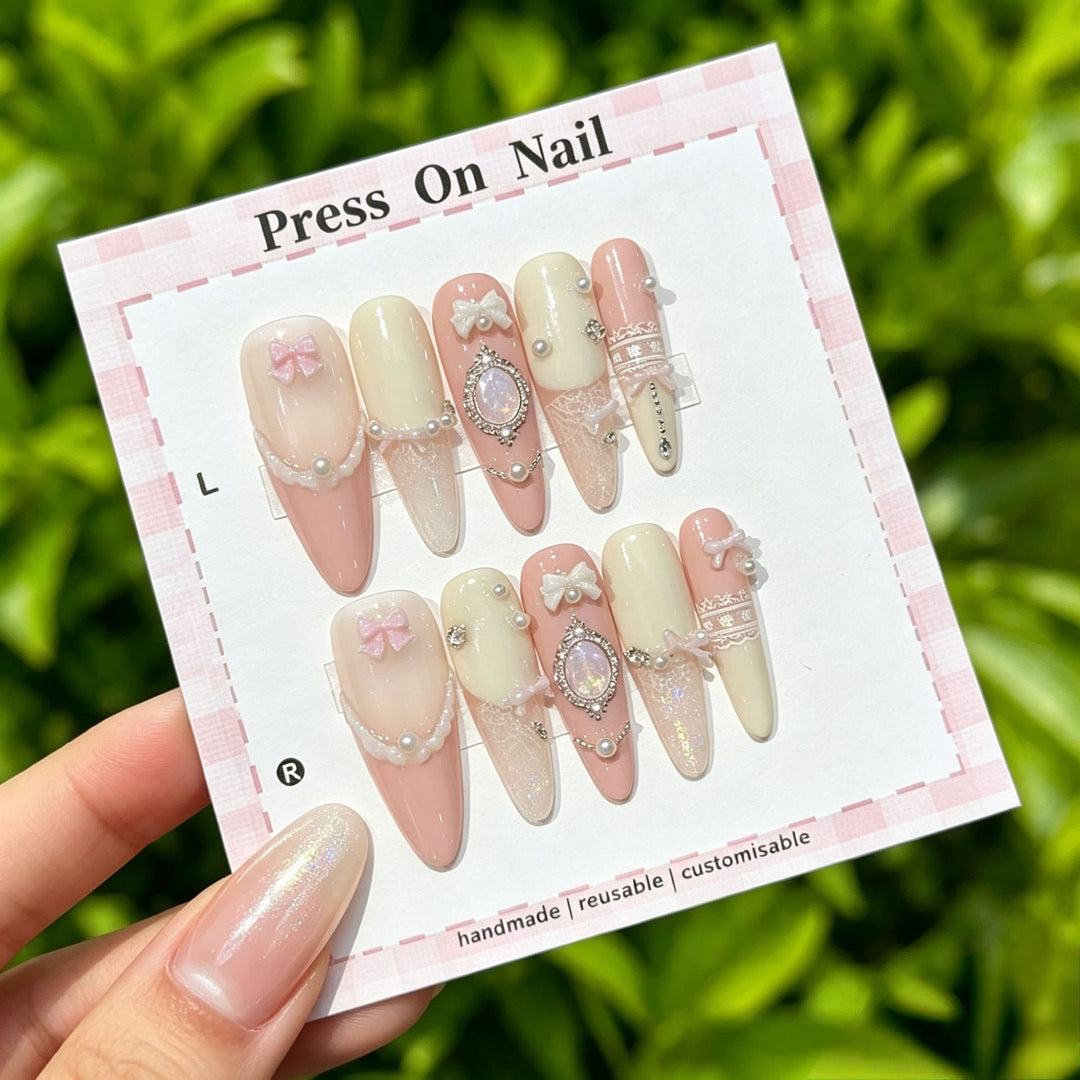 Decorative Press-On Nail Set with Gem Accents  1791774365