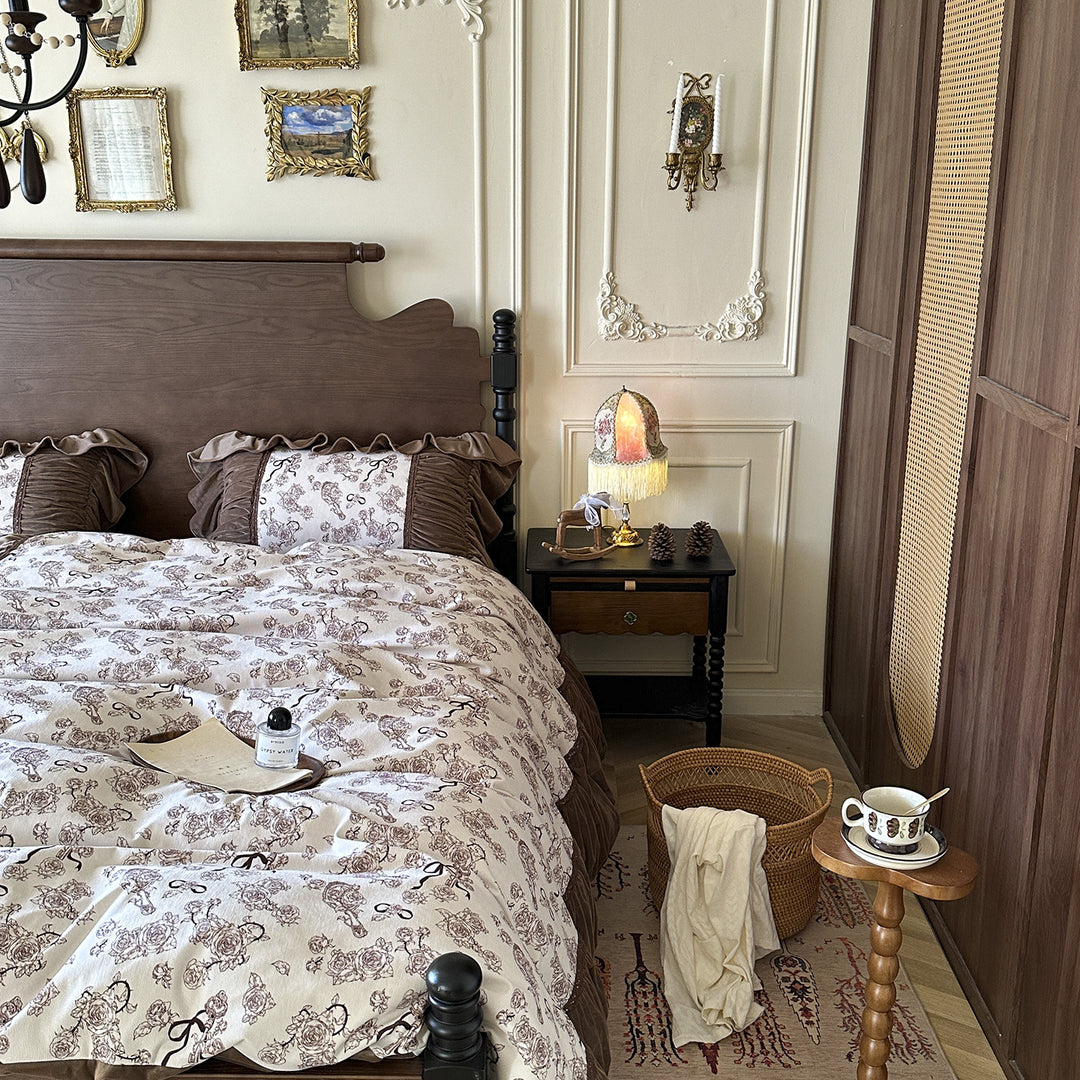 Ruffled Cotton-Blend Floral Printed Duvet Cover Set with Pillow Shams and Pleated Bed Skirt