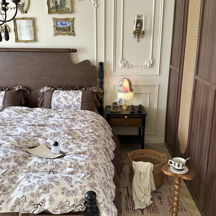 Ruffled Cotton-Blend Floral Printed Duvet Cover Set with Pillow Shams and Pleated Bed Skirt